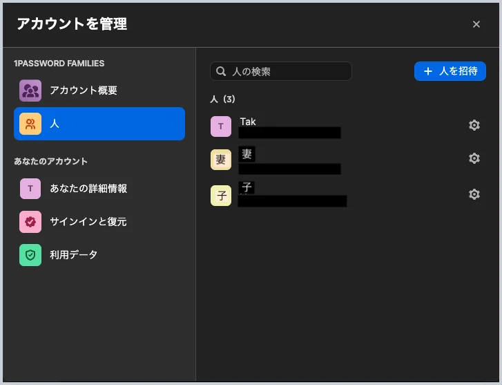 1Passwordのアカウント管理の人の画面。ファミリーのメンバーが3人並んでいる。名前とメールアドレスは塗りつぶし済み
