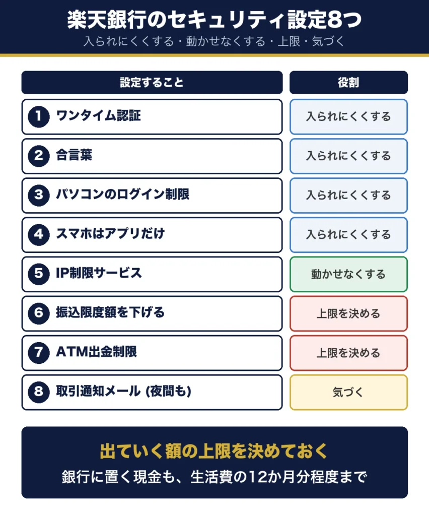 楽天銀行のセキュリティ設定8つ。入られにくくするワンタイム認証、合言葉、パソコンのログイン制限、スマホはアプリだけ。動かせなくするIP制限サービス。上限を決める振込限度額とATM出金制限。気づく取引通知メール