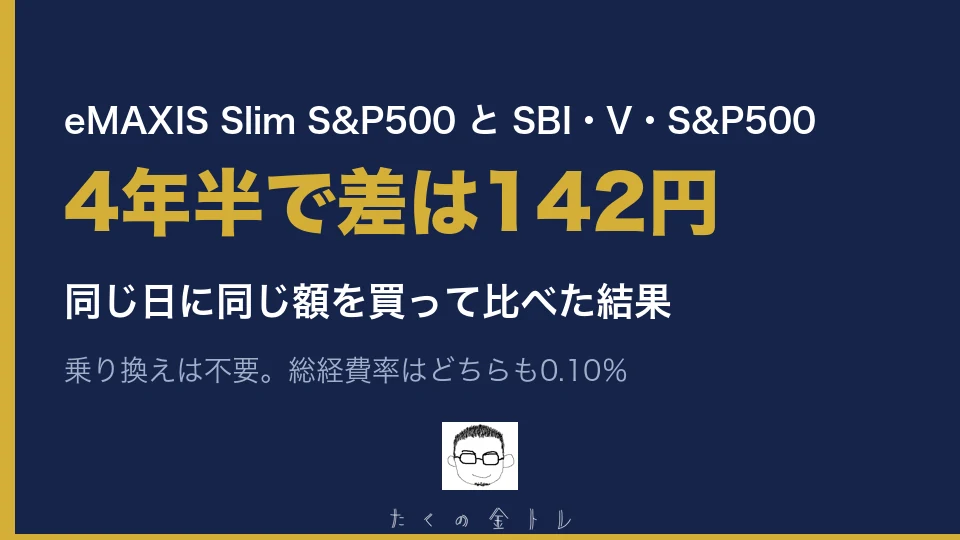 eMAXIS Slim S&P500とSBI・V・S&P500。4年半で差は142円。同じ日に同じ額を買って比べた結果